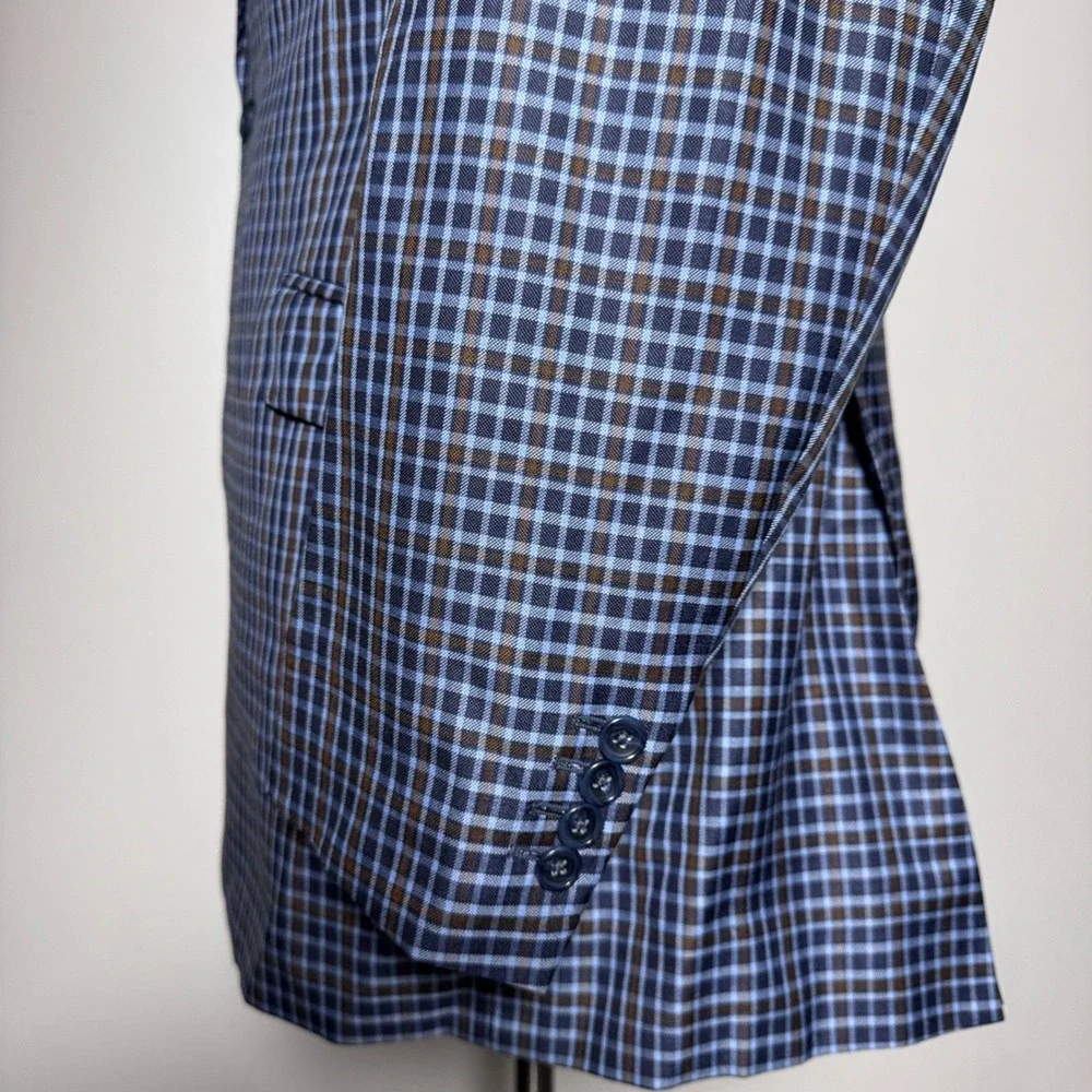 Clothing by Andre Blazer Mens 42L Blue Brown Check Wool Two Button Sport Coat